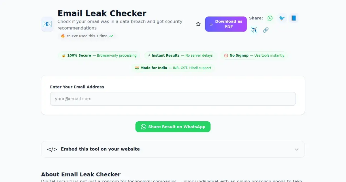 Email Leak Checker — Free Online Check if your email was in a data breach and get security recommendations Tool on SabTools.in