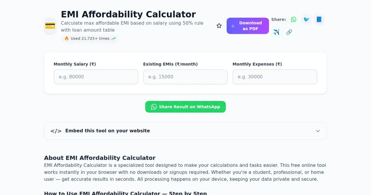 EMI Affordability Calculator — Free Online Calculate max affordable EMI based on salary using 50% rule with loan amount table Tool on SabTools.in