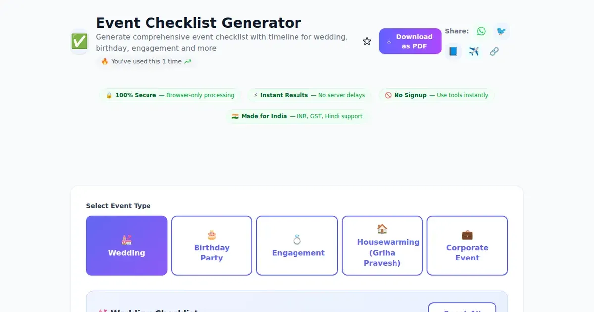 Event Checklist Generator — Free Online Generate comprehensive event checklist with timeline for wedding, birthday, engagement and more Tool on SabTools.in