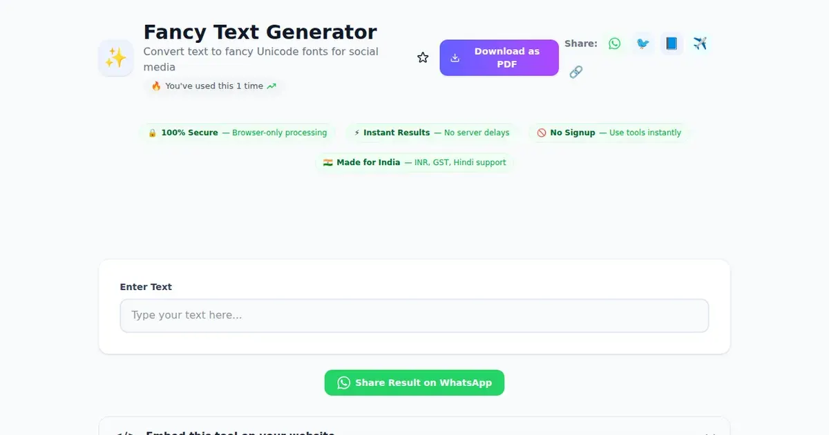 Fancy Text Generator — Free Online Convert text to fancy Unicode fonts for social media Tool on SabTools.in