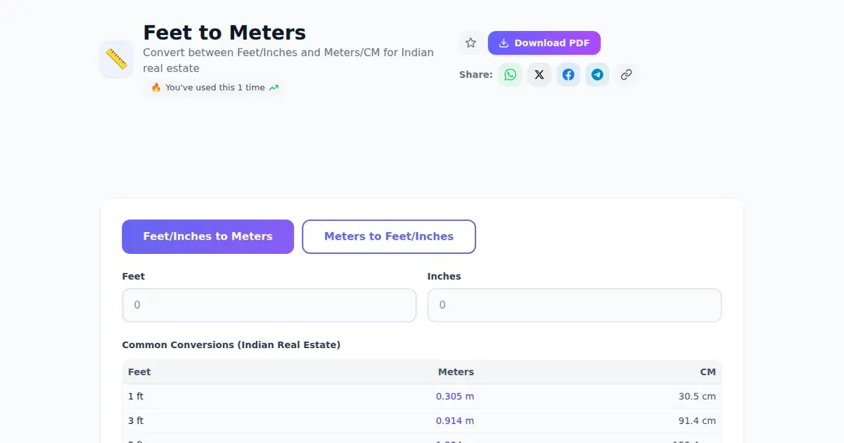 Feet to Meters — Free Online Convert between Feet/Inches and Meters/CM for Indian real estate Tool on SabTools.in