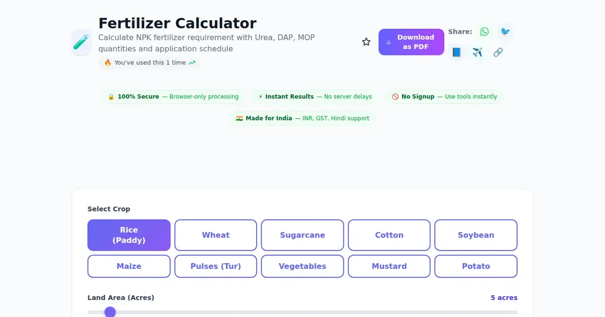 Fertilizer Calculator — Free Online Calculate NPK fertilizer requirement with Urea, DAP, MOP quantities and application schedule Tool on SabTools.in