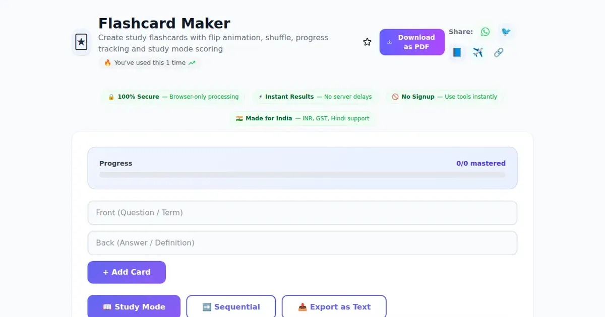 Flashcard Maker — Free Online Create study flashcards with flip animation, shuffle, progress tracking and study mode scoring Tool on SabTools.in