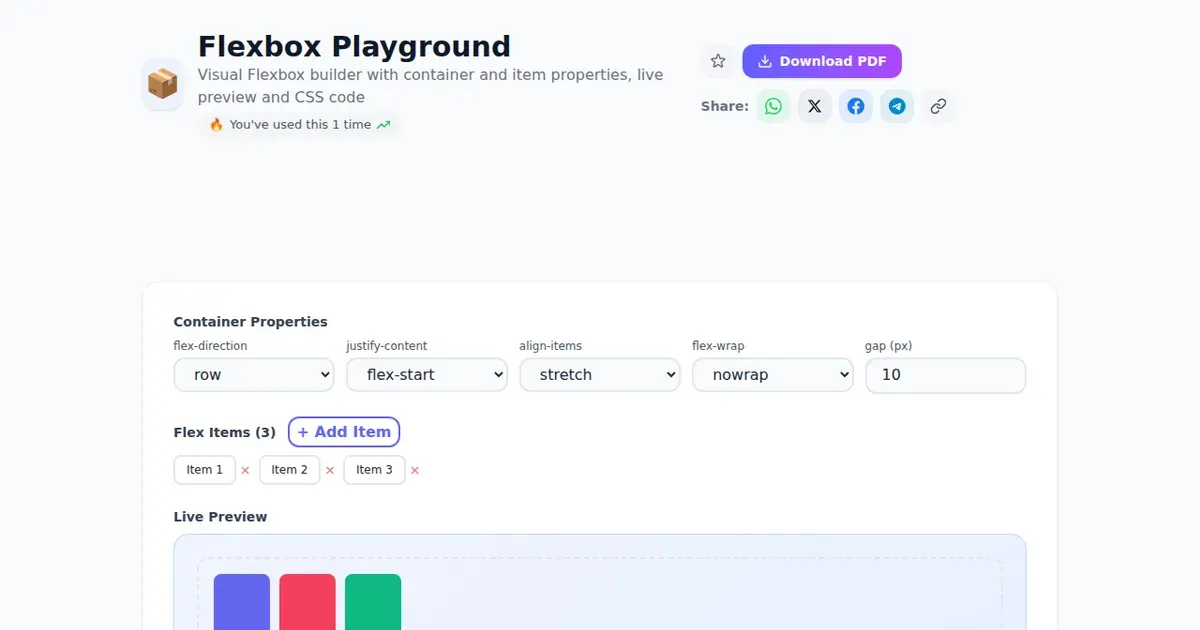 Flexbox Playground — Free Online Visual Flexbox builder with container and item properties, live preview and CSS code Tool on SabTools.in