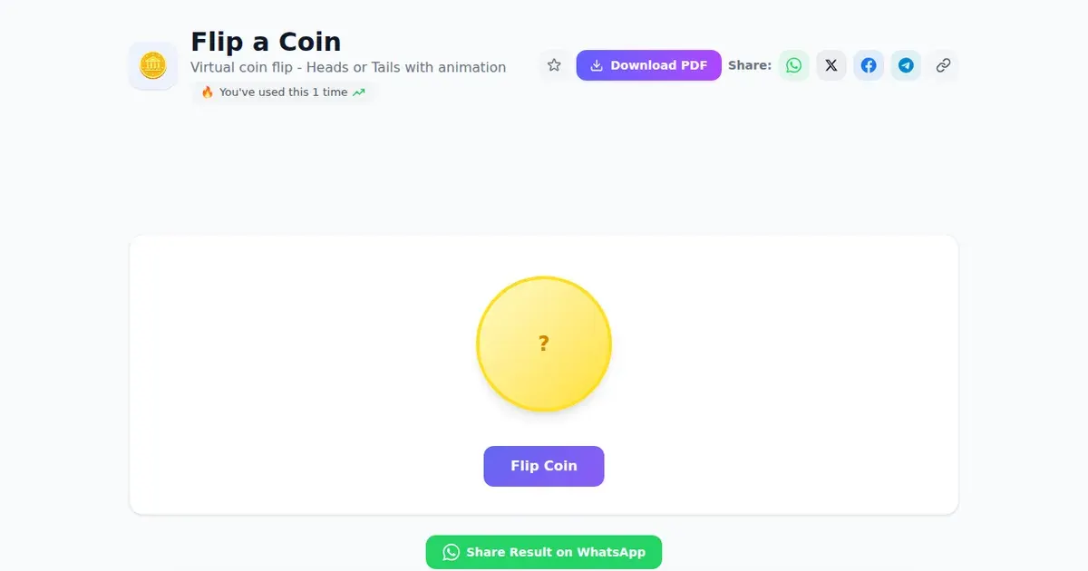 Flip a Coin — Free Online Virtual coin flip - Heads or Tails with animation Tool on SabTools.in