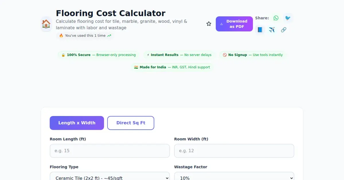Flooring Cost Calculator — Free Online Calculate flooring cost for tile, marble, granite, wood, vinyl & laminate with labor and wastage Tool on SabTools.in