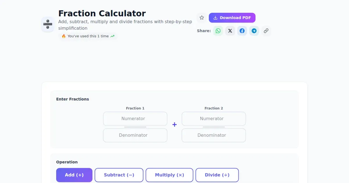 Fraction Calculator — Free Online Add, subtract, multiply and divide fractions with step-by-step simplification Tool on SabTools.in