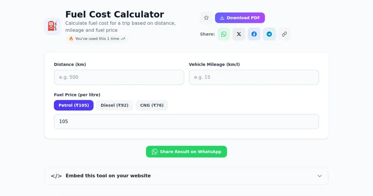 Fuel Cost Calculator — Free Online Calculate fuel cost for a trip based on distance, mileage and fuel price Tool on SabTools.in