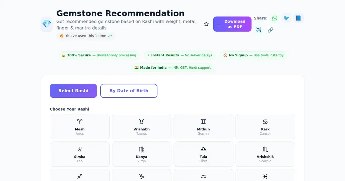 Gemstone Recommendation — Free Online Get recommended gemstone based on Rashi with weight, metal, finger & mantra details Tool on SabTools.in