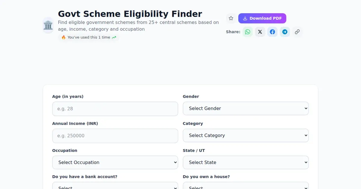 Govt Scheme Eligibility Finder — Free Online Find eligible government schemes from 25+ central schemes based on age, income, category and occupation Tool on SabTools.in