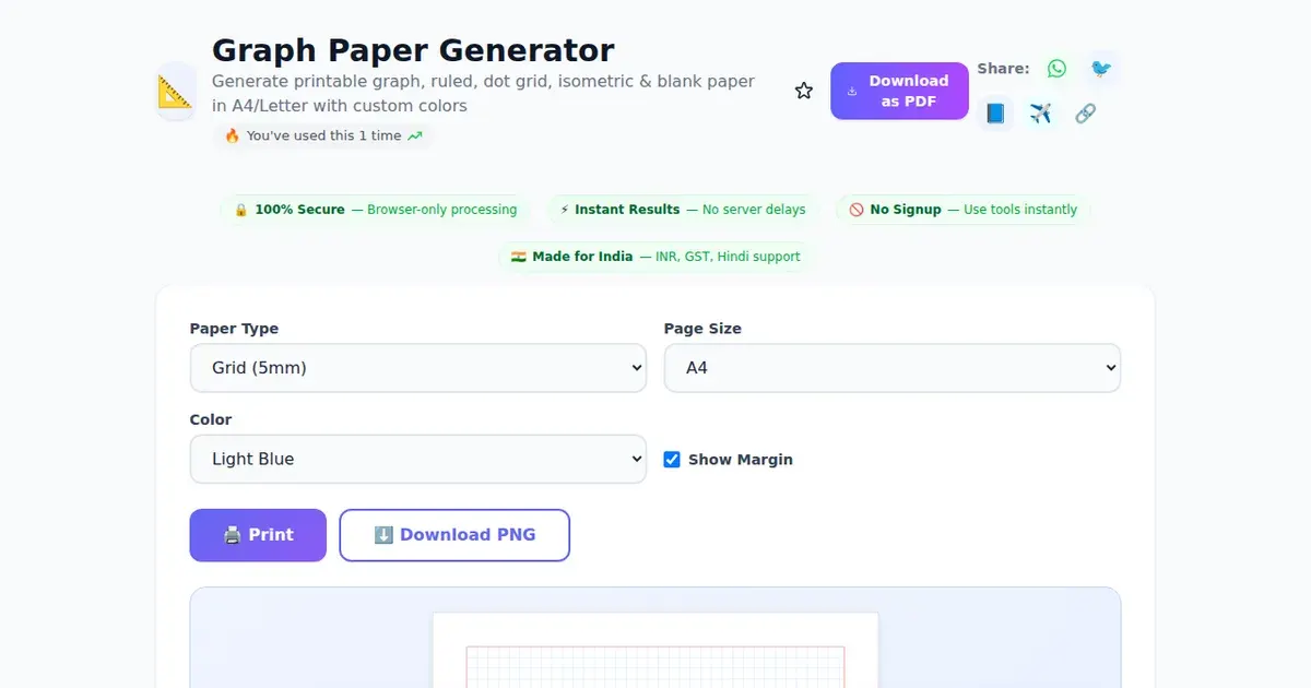 Graph Paper Generator — Free Online Generate printable graph, ruled, dot grid, isometric & blank paper in A4/Letter with custom colors Tool on SabTools.in