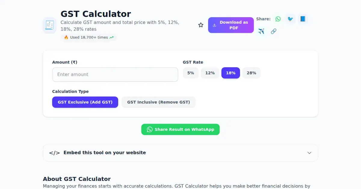 GST Calculator — Free Online Calculate GST amount and total price with 5%, 12%, 18%, 28% rates Tool on SabTools.in