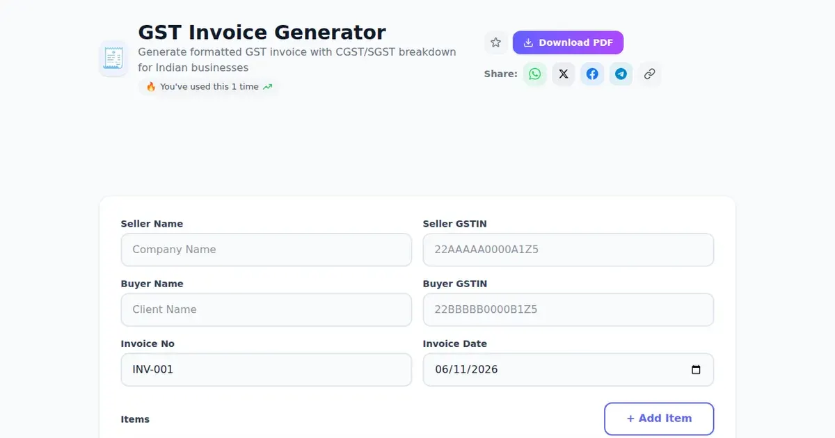 GST Invoice Generator — Free Online Generate formatted GST invoice with CGST/SGST breakdown for Indian businesses Tool on SabTools.in