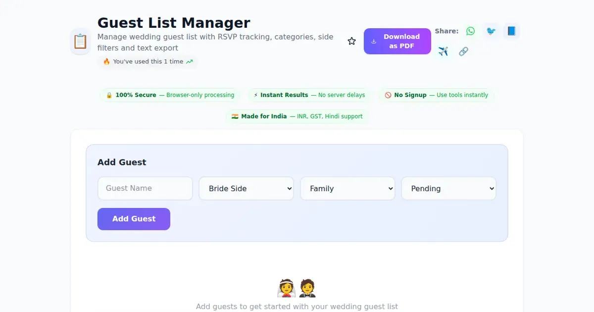 Guest List Manager — Free Online Manage wedding guest list with RSVP tracking, categories, side filters and text export Tool on SabTools.in