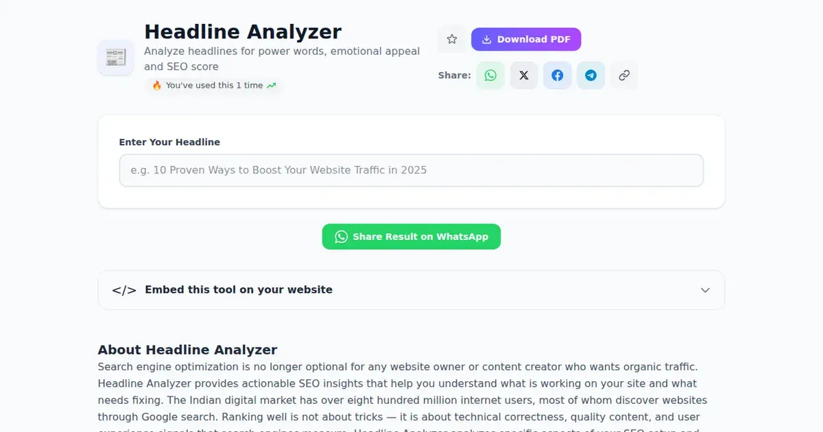 Headline Analyzer — Free Online Analyze headlines for power words, emotional appeal and SEO score Tool on SabTools.in