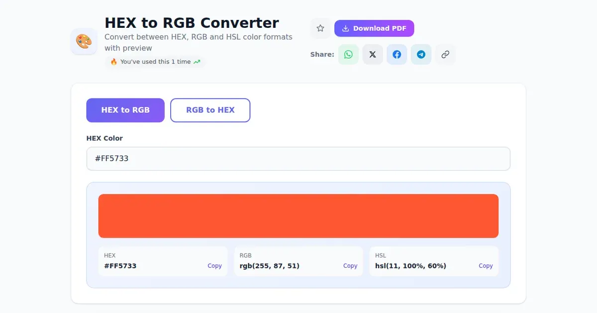 HEX to RGB Converter — Free Online Convert between HEX, RGB and HSL color formats with preview Tool on SabTools.in