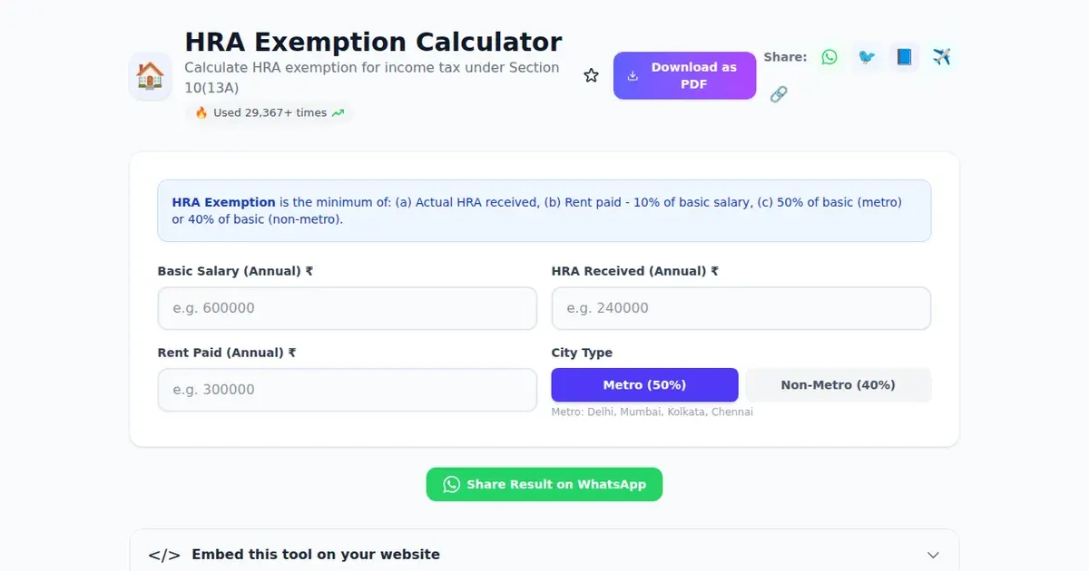 HRA Exemption Calculator — Free Online Calculate HRA exemption for income tax under Section 10(13A) Tool on SabTools.in