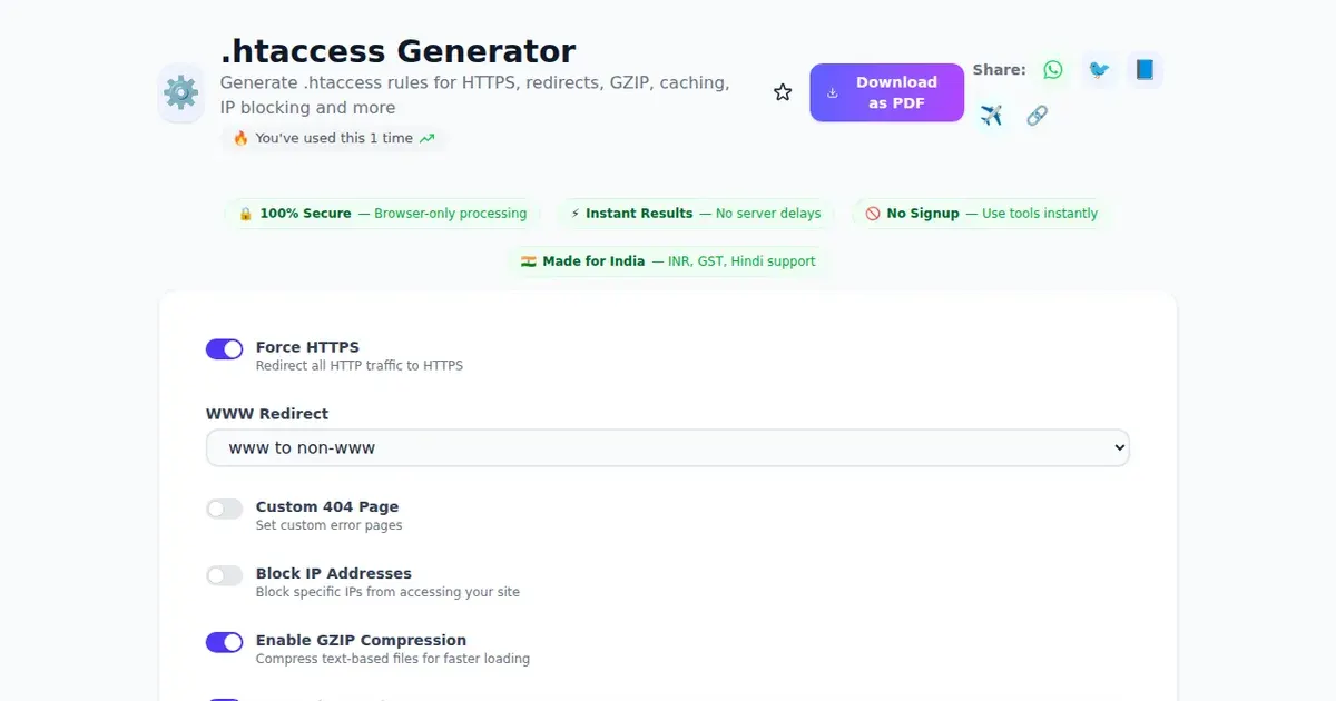 .htaccess Generator — Free Online Generate .htaccess rules for HTTPS, redirects, GZIP, caching, IP blocking and more Tool on SabTools.in