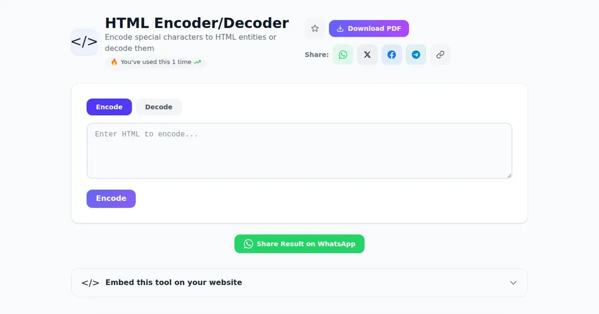 HTML Encoder/Decoder — Free Online Encode special characters to HTML entities or decode them Tool on SabTools.in