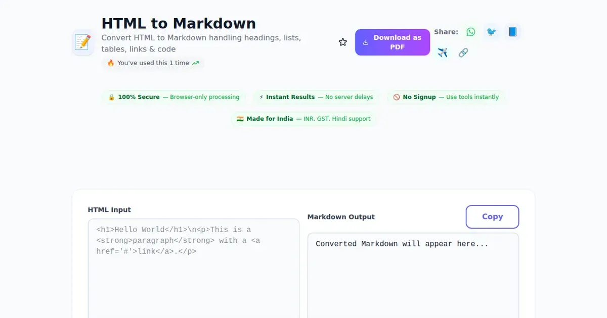 HTML to Markdown — Free Online Convert HTML to Markdown handling headings, lists, tables, links & code Tool on SabTools.in