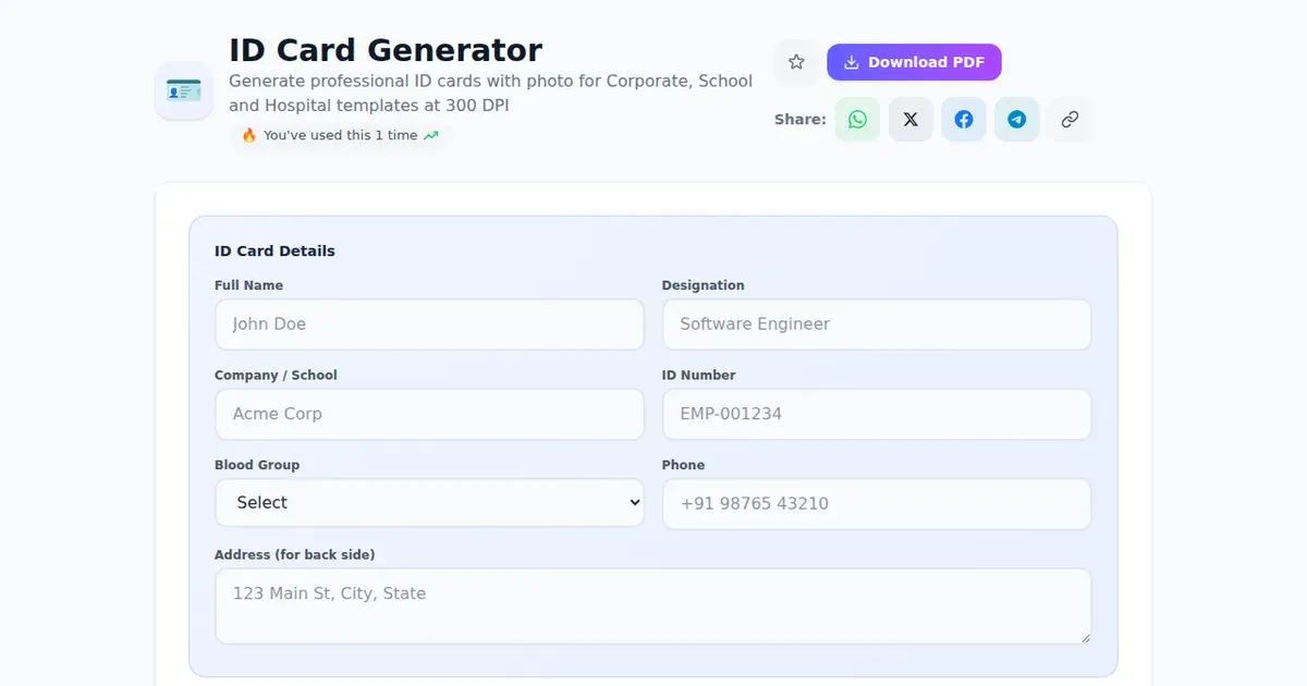 ID Card Generator — Free Online Generate professional ID cards with photo for Corporate, School and Hospital templates at 300 DPI Tool on SabTools.in