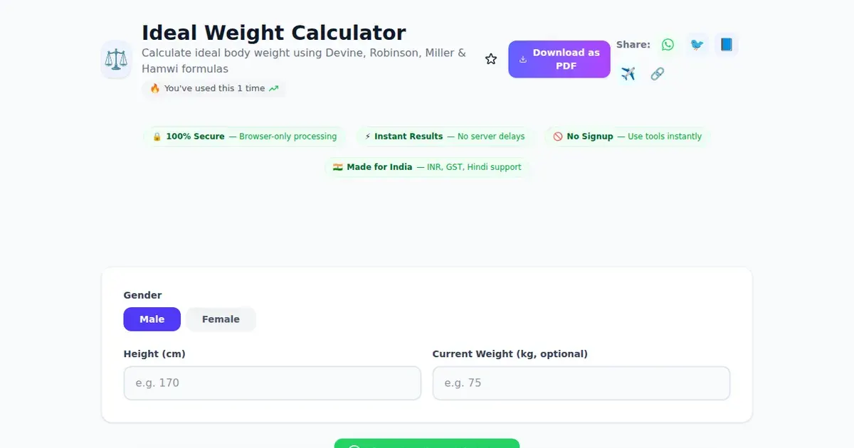 Ideal Weight Calculator — Free Online Calculate ideal body weight using Devine, Robinson, Miller & Hamwi formulas Tool on SabTools.in