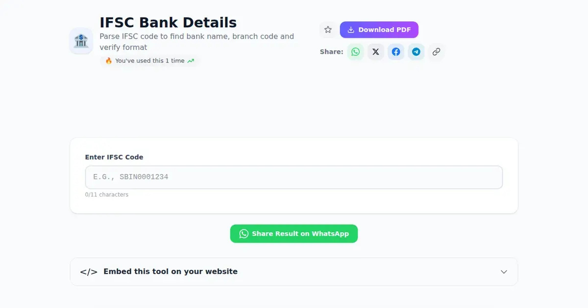 IFSC Bank Details — Free Online Parse IFSC code to find bank name, branch code and verify format Tool on SabTools.in
