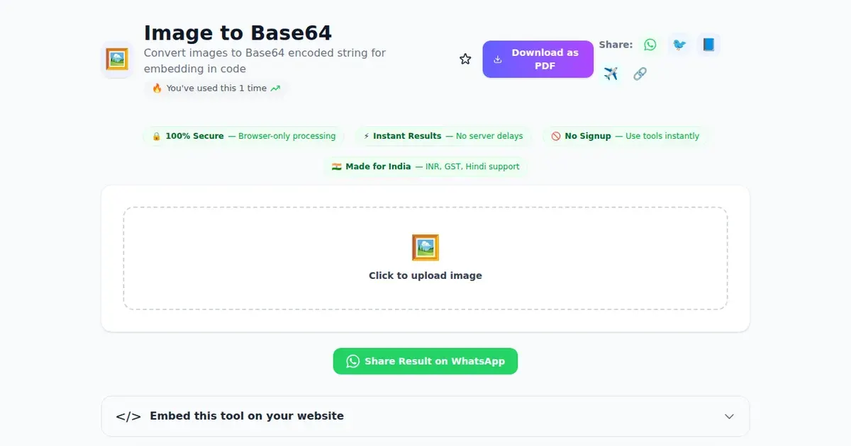 Image to Base64 — Free Online Convert images to Base64 encoded string for embedding in code Tool on SabTools.in