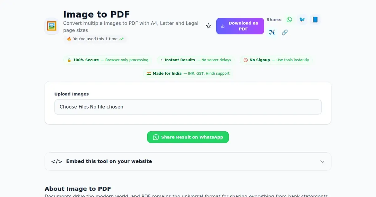 Image to PDF — Free Online Convert multiple images to PDF with A4, Letter and Legal page sizes Tool on SabTools.in