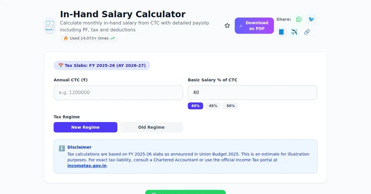In-Hand Salary Calculator — Free Online Calculate monthly in-hand salary from CTC with detailed payslip including PF, tax and deductions Tool on SabTools.in