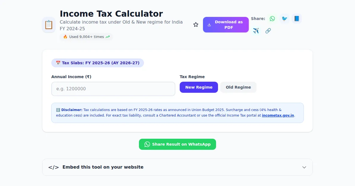 Income Tax Calculator — Free Online Tool on SabTools.in