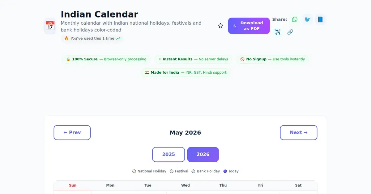 Indian Calendar comparison — SabTools vs other free Indian tools (2026)