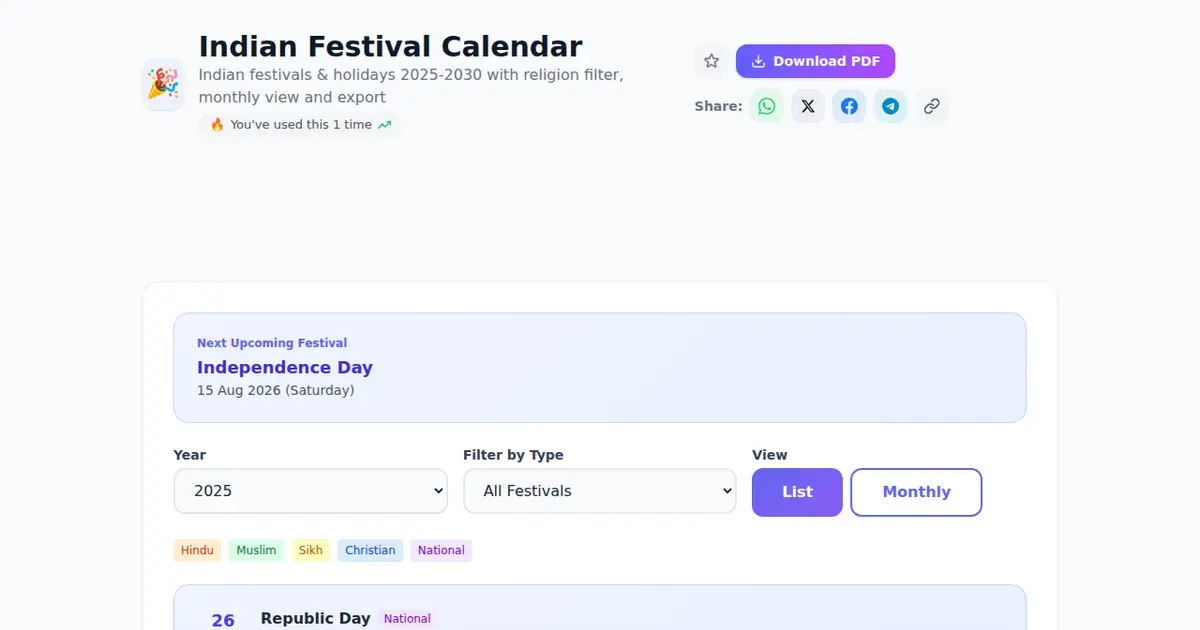 Indian Festival Calendar — Free Online Indian festivals & holidays 2025-2030 with religion filter, monthly view and export Tool on SabTools.in