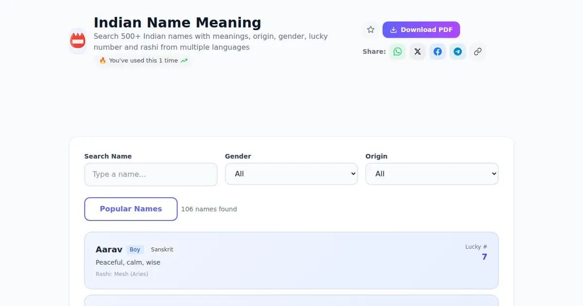 Indian Name Meaning — Free Online Search 500+ Indian names with meanings, origin, gender, lucky number and rashi from multiple languages Tool on SabTools.in