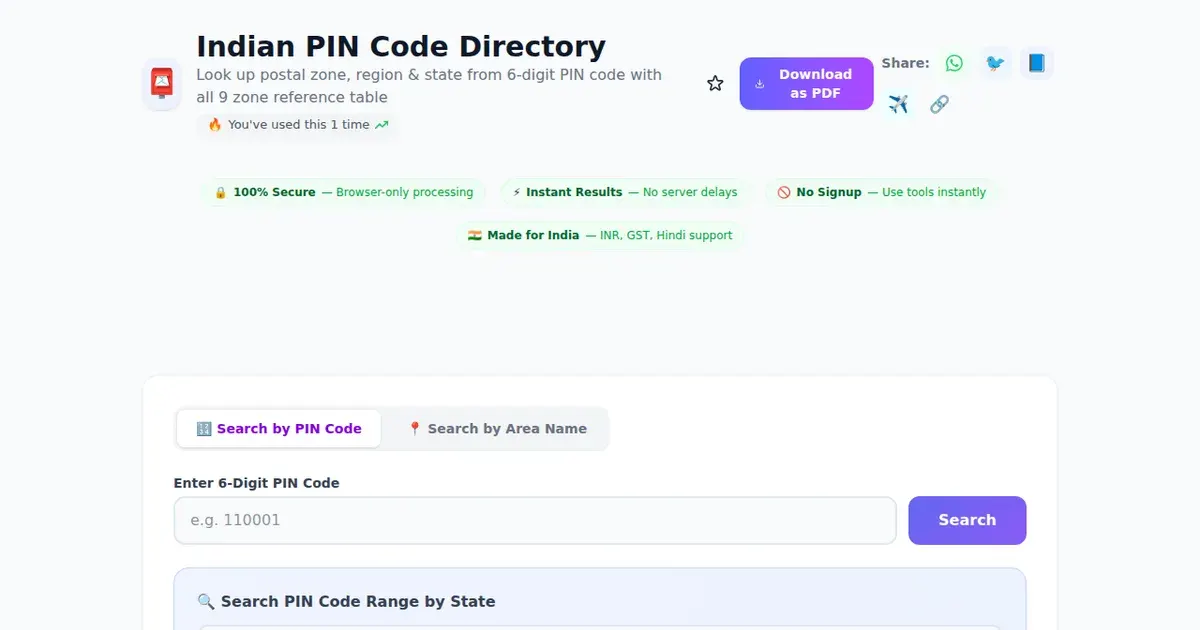 Indian PIN Code Directory — Free Online Look up postal zone, region & state from 6-digit PIN code with all 9 zone reference table Tool on SabTools.in