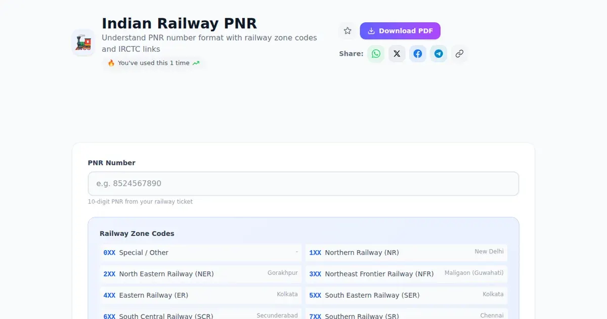 Indian Railway PNR — Free Online Understand PNR number format with railway zone codes and IRCTC links Tool on SabTools.in