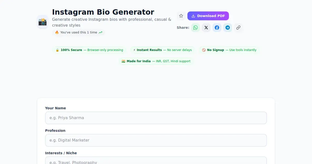 Instagram Bio Generator — Free Online Generate creative Instagram bios with professional, casual & creative styles Tool on SabTools.in