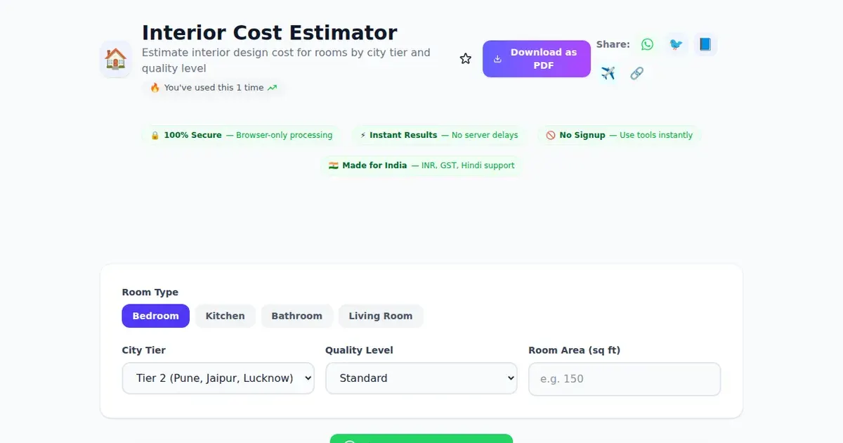 Interior Cost Estimator — Free Online Estimate interior design cost for rooms by city tier and quality level Tool on SabTools.in