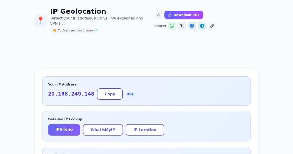 IP Geolocation — Free Online Detect your IP address, IPv4 vs IPv6 explained and VPN tips Tool on SabTools.in