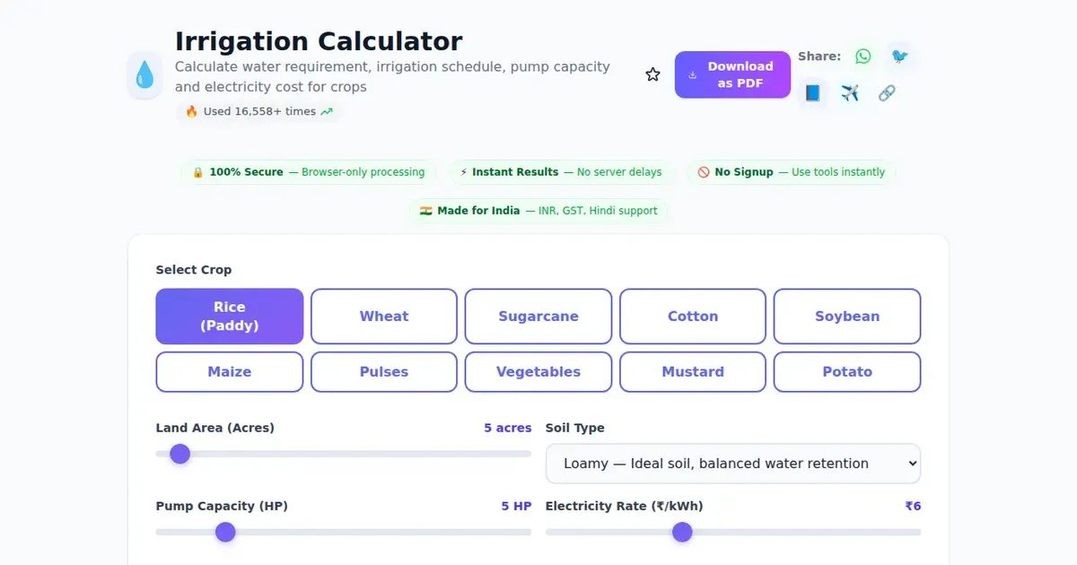 Irrigation Calculator — Free Online Calculate water requirement, irrigation schedule, pump capacity and electricity cost for crops Tool on SabTools.in
