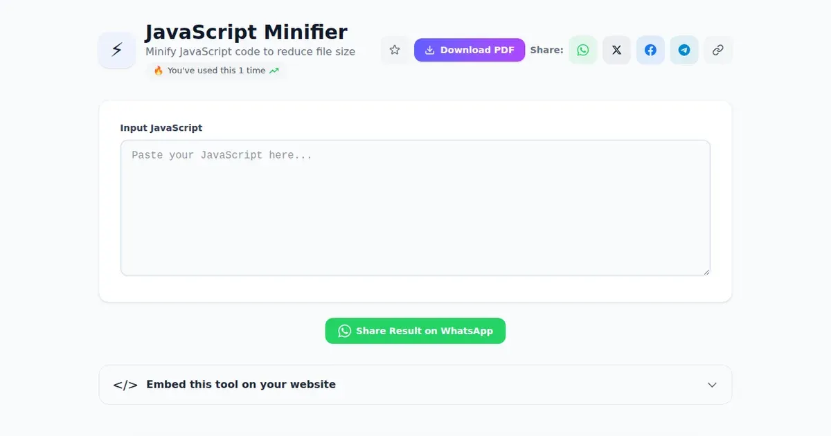 JavaScript Minifier — Free Online Minify JavaScript code to reduce file size Tool on SabTools.in