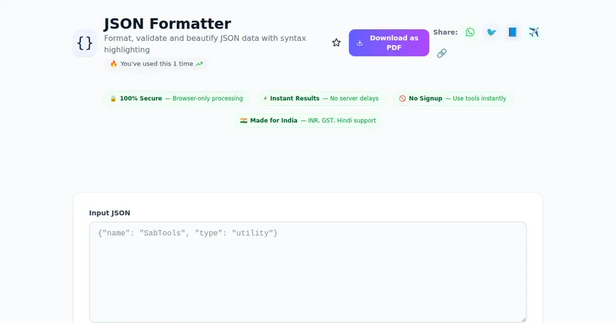 JSON Formatter — Free Online Format, validate and beautify JSON data with syntax highlighting Tool on SabTools.in