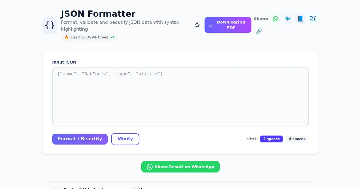 JSON Formatter โ Free Online Tool on SabTools.in