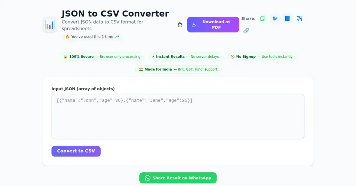 JSON to CSV Converter — Free Online Convert JSON data to CSV format for spreadsheets Tool on SabTools.in