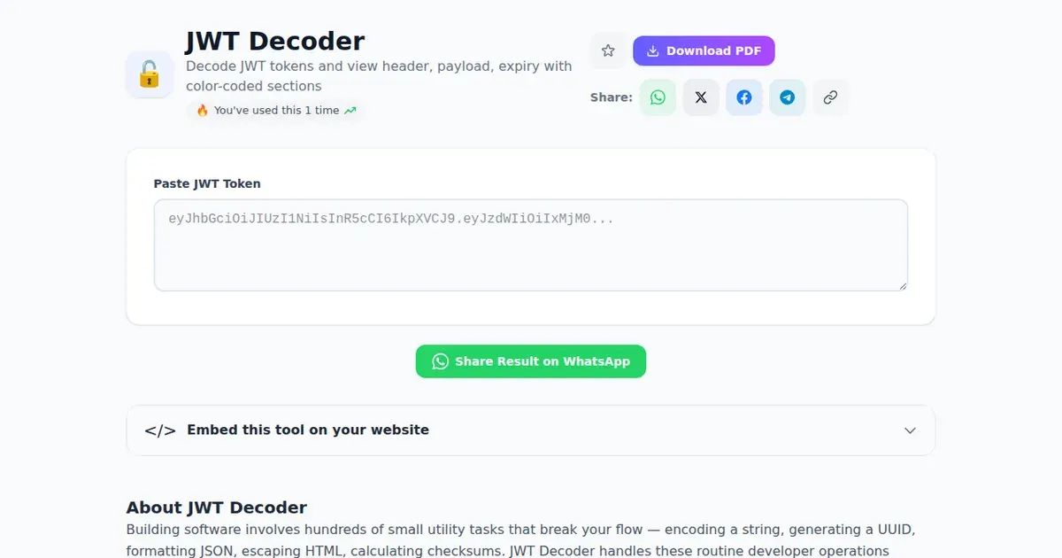 JWT Decoder — Free Online Decode JWT tokens and view header, payload, expiry with color-coded sections Tool on SabTools.in