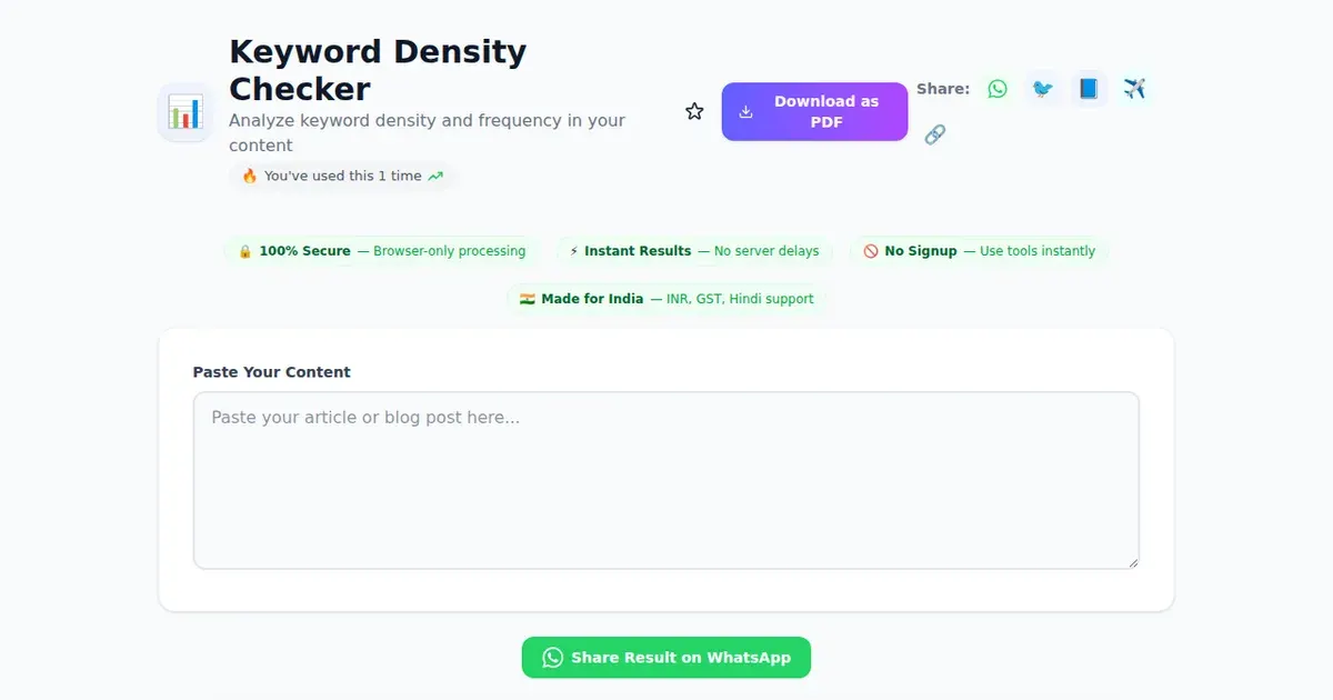 Keyword Density Checker — Free Online Analyze keyword density and frequency in your content Tool on SabTools.in