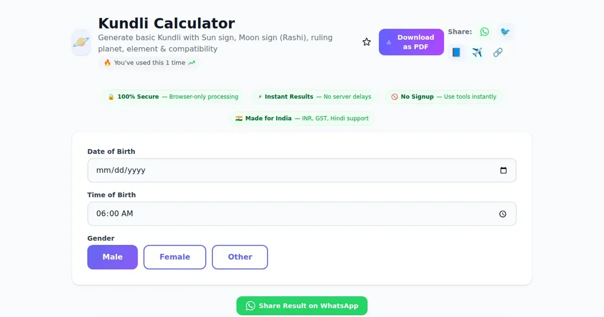Kundli Calculator — Free Online Generate basic Kundli with Sun sign, Moon sign (Rashi), ruling planet, element & compatibility Tool on SabTools.in