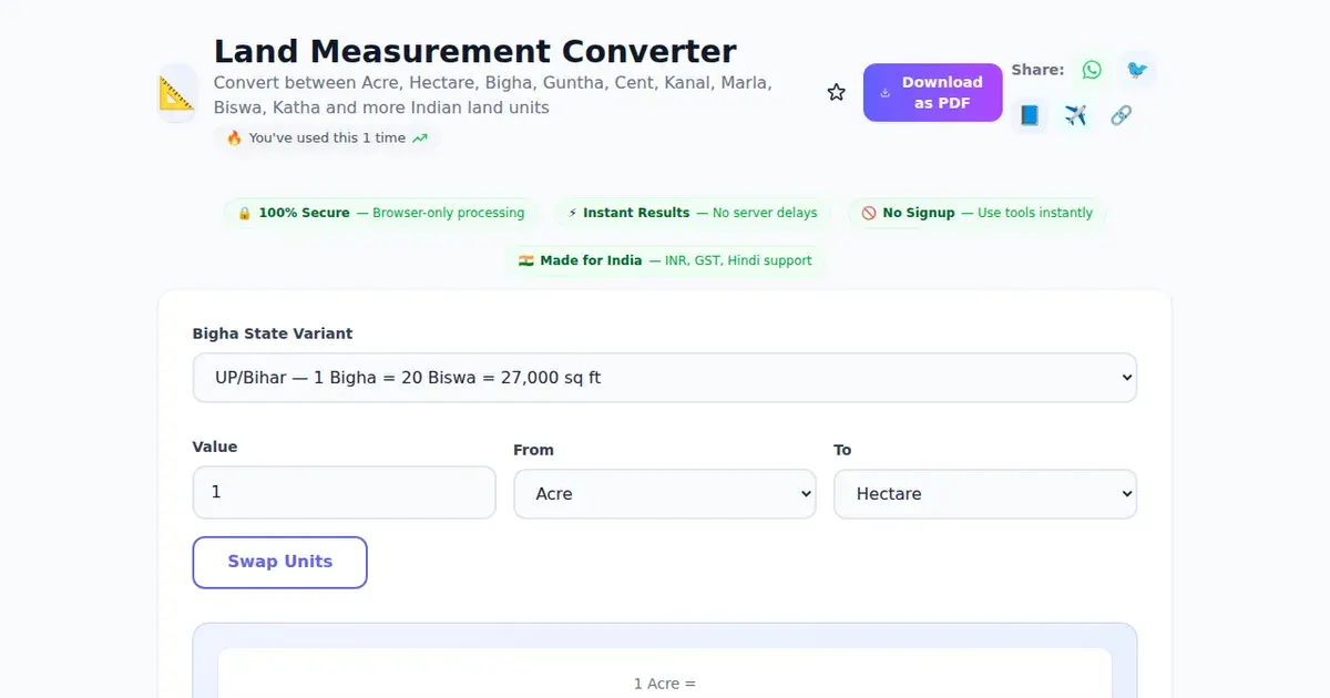 Land Measurement Converter — Free Online Convert between Acre, Hectare, Bigha, Guntha, Cent, Kanal, Marla, Biswa, Katha and more Indian land units Tool on SabTools.in