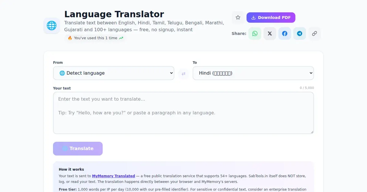 Language Translator — Free Online Translate text between English, Hindi, Tamil, Telugu, Bengali, Marathi, Gujarati and 100+ languages — free, no signup, instant Tool on SabTools.in