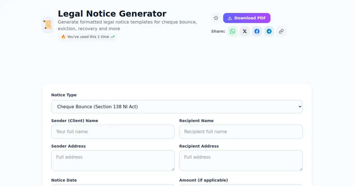 Legal Notice Generator — Free Online Generate formatted legal notice templates for cheque bounce, eviction, recovery and more Tool on SabTools.in